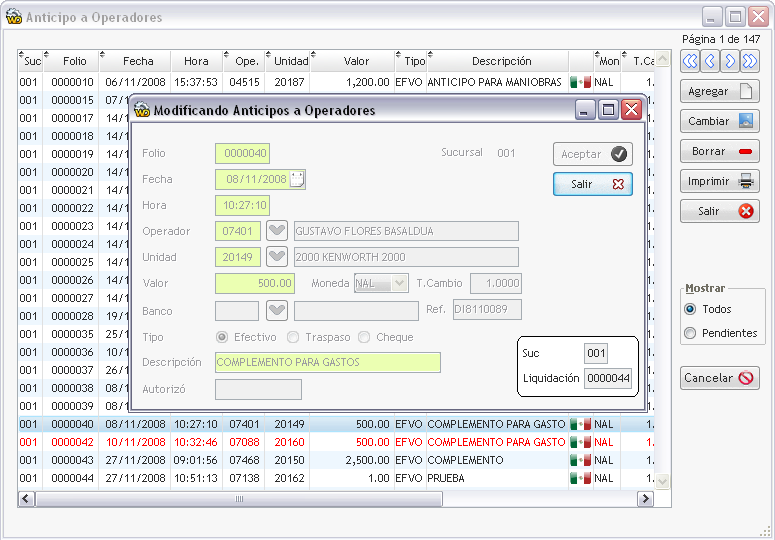 Modificando Anticipo a Operadores