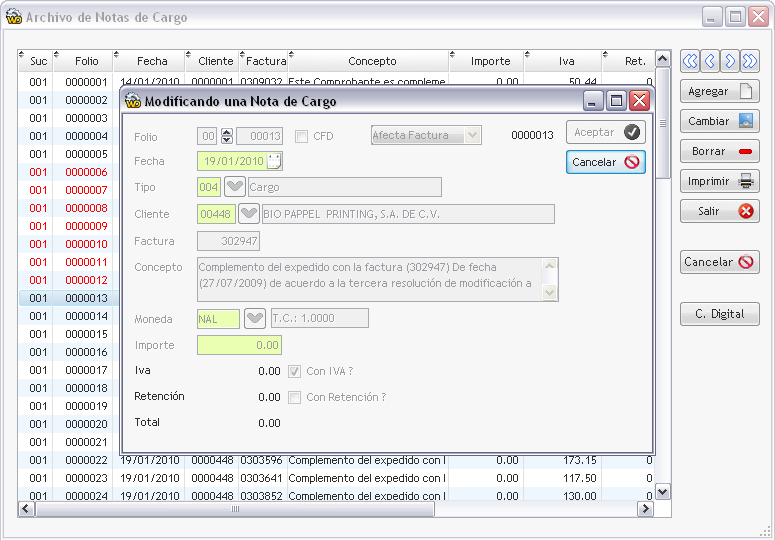 Modificando una Nota de Cargo